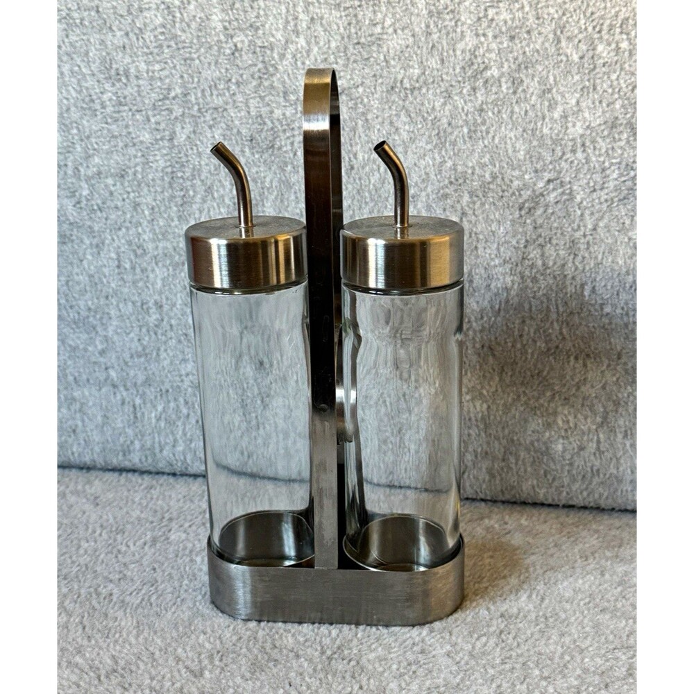 IKEA ORTFYLLD 21143 Glass Oil & Vinegar Set 8 oz w/ Stand Caddy Spouts Lids